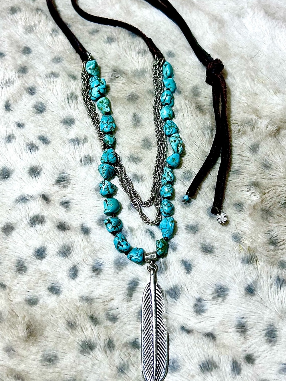 Boho Necklace Western Leather Layered Turquoise Feather Pendant Women Jewelry - Picture 8 of 12